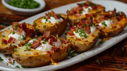 loaded potato skins topped with cheese and bacon on a plate, ideal for comfort food lovers and party appetizers

