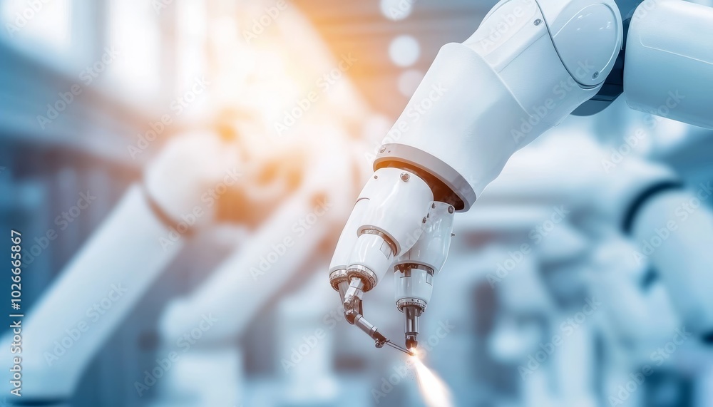 Poster industrial robot welding in an automated assembly line, precision and efficiency in a modern factory