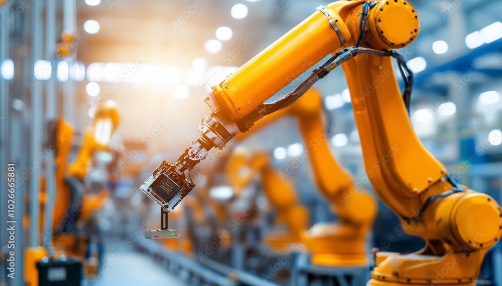 Poster industrial robots assembling electronics with pinpoint accuracy on a well-lit production line