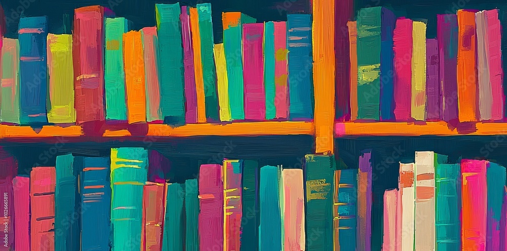 Poster dynamic abstract painting of colorful books on shelves. learning and knowledge.