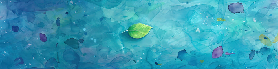 Fototapeta premium A serene turquoise wallpaper featuring a small green leaf floating lazily in the center, surrounded by various shades of blue and purple watercolor brushstrokes.