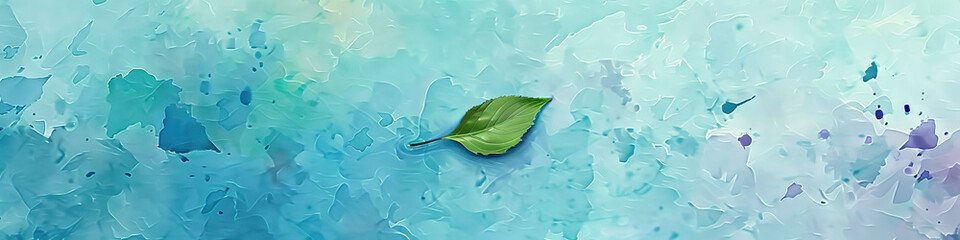 A serene turquoise wallpaper featuring a small green leaf floating lazily in the center, surrounded by various shades of blue and purple watercolor brushstrokes.