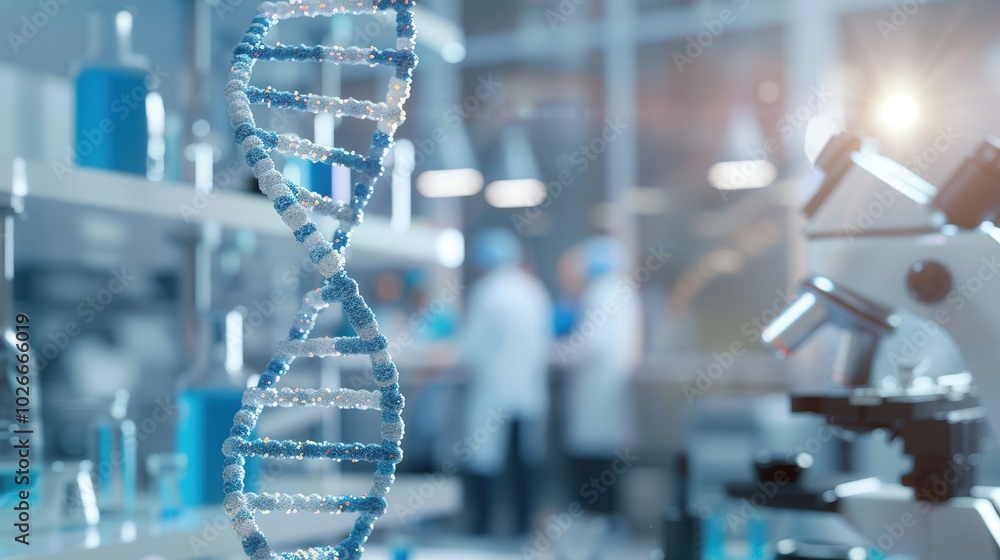 Leinwandbilder a clear dna strand is showcased in a laboratory scene where scientists are actively conducting resea