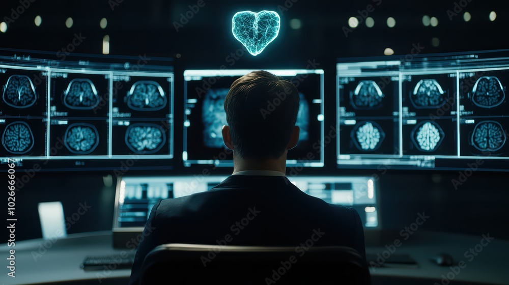 Poster a scientist analyzing brain scans on multiple screens with a glowing brain graphic overlay, in a mod