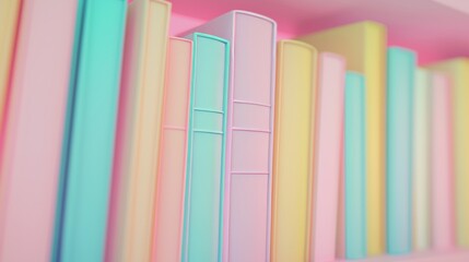 Obraz premium Neatly arranged colorful hardcover books on white shelf against pastel pink wall