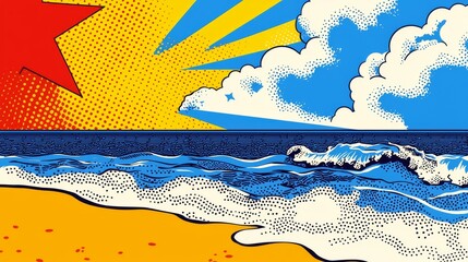 A vibrant pop art style beach scene with elements of a comic book. Beach, vibrant, pop art, comic book, playful, summer, ocean, and sand. © typepng
