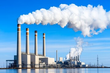 Smog rising from the smokestacks of a coal power plant, spreading across the horizon, contrasting with the clear blue sky