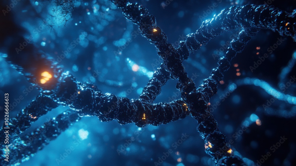 Poster abstract 3d rendering of a dna double helix with glowing particles in the background.