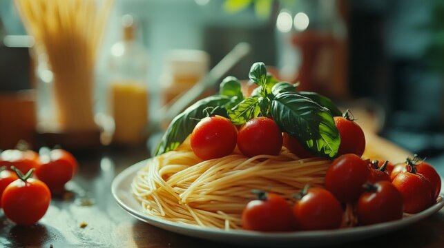 Classic Italian pasta with tomato and basil.