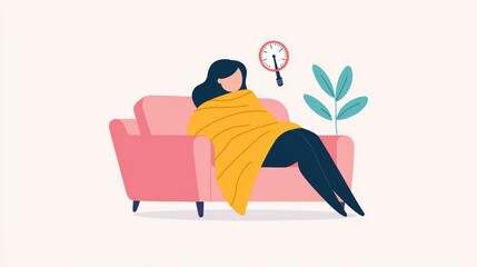 Fototapeta premium A woman relaxing on a couch, wrapped in a blanket, contemplating life with a clock nearby.
