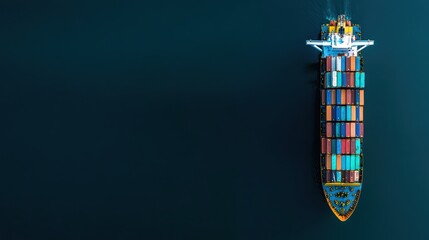 Aerial view of a cargo ship loaded with colorful containers on calm blue waters.