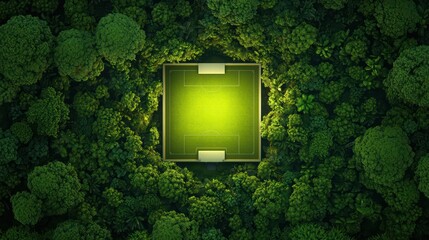 Aerial view of a soccer field surrounded by dense green trees, showcasing nature's beauty alongside sports.