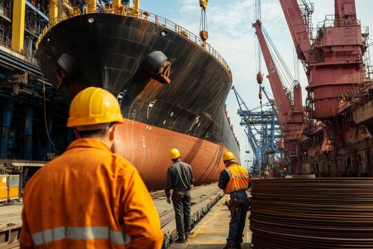 Shipbuilders constructing a large cargo ship in a bustling dry dock, surrounded by towering cranes and steel plates