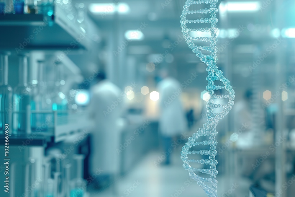 Fototapete a precise representation of a dna strand hangs in a lab as scientists engage in research and experim