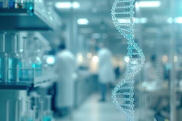 Fototapeta premium A precise representation of a DNA strand hangs in a lab as scientists engage in research and experimentation nearby. Generative AI