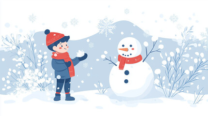 Fototapeta premium Boy building a snowman in a snowy winter landscape with falling snowflakes
