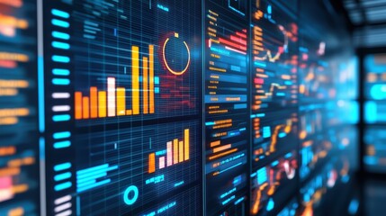 Close-up of a digital data dashboard displaying colorful graphs and statistics against a modern tech background.