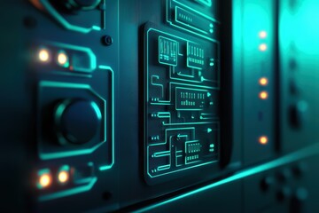 Close-up of a futuristic electronic circuit board glow in blue and green lights, revealing intricate patterns and connections.