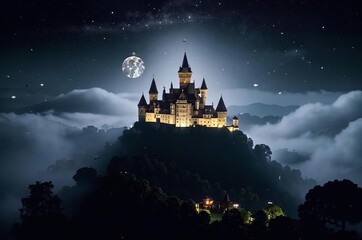 Naklejka premium Beautiful art, a magical castle in the fog. The cover for the book.