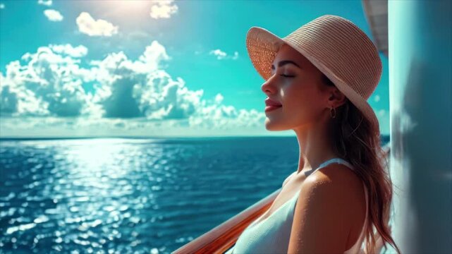 Beautiful young woman in hat enjoying vacation on the deck of a luxury yacht in the sea on a beautiful sunny summer day. Trip and travel concept