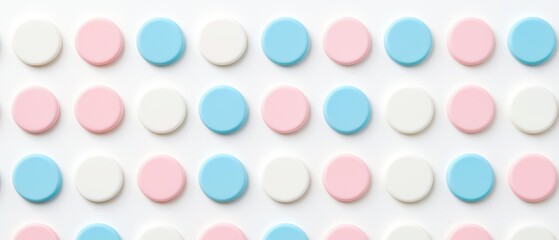 Colorful round candies in pastel shades arranged neatly on a white background.