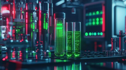 Fototapeta premium Colorful test tubes filled with green liquid in a high-tech laboratory setting.
