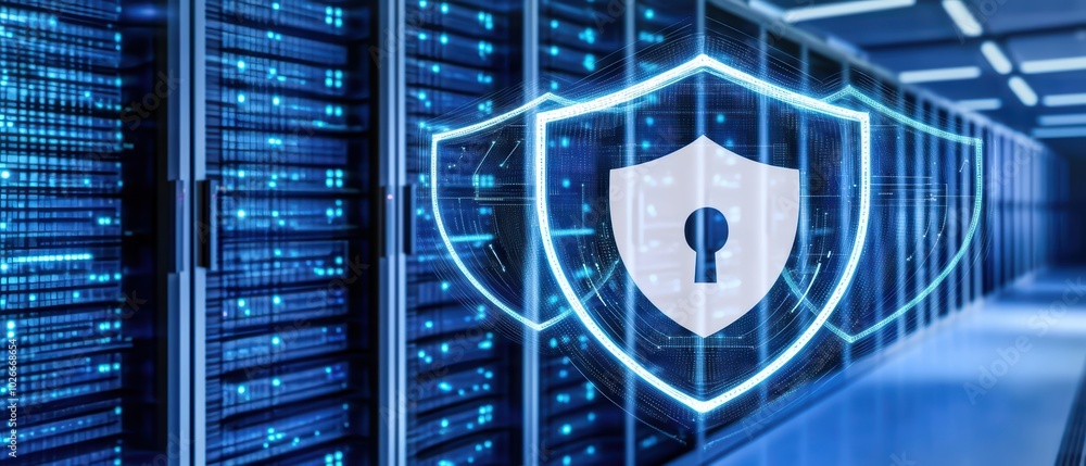 Poster digital security concept representing data protection with a shield and key symbol over a server roo