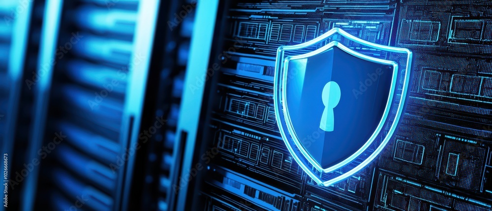 Poster digital security concept featuring a glowing shield with a lock symbol on a server background.
