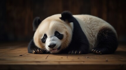 Fototapeta premium A cute giant panda lying on a wooden floor with a relaxed expression.
