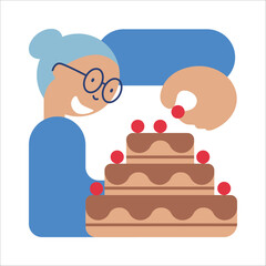 Woman decorates a cake. Hand drawn vector illustration.