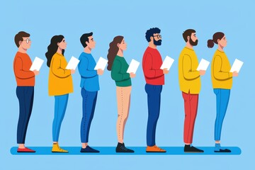 Obraz premium Diverse group of individuals standing in a line, each holding a document, against a blue background.