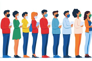 Fototapeta premium Diverse group of people wearing masks, standing in line, engaging with smartphones, social distancing illustrated.