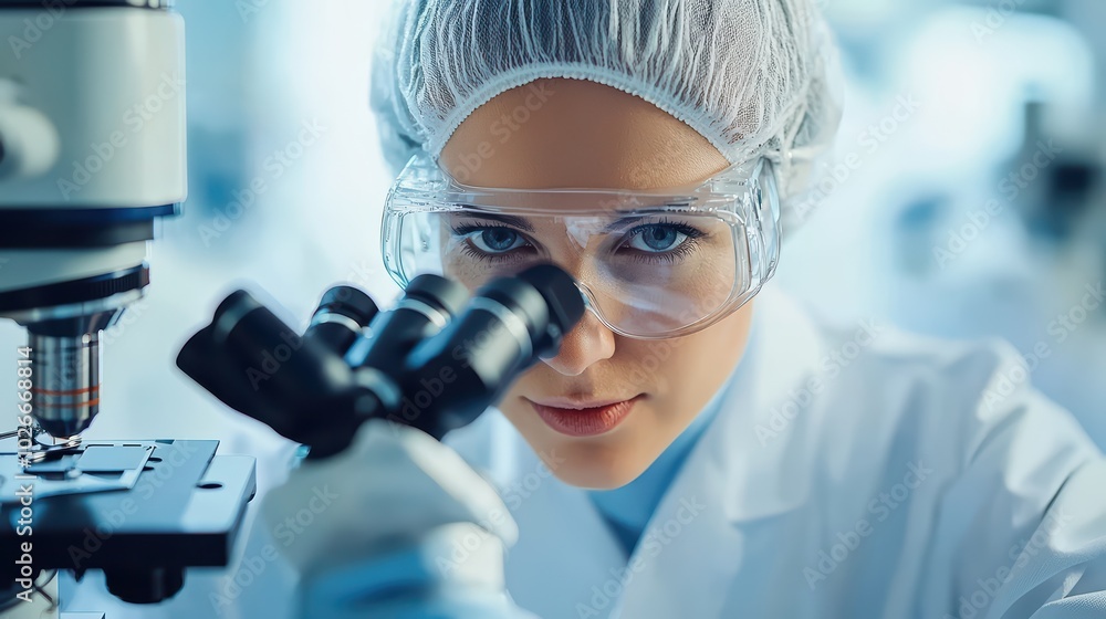 Poster focused female scientist analyzing samples under a microscope in a laboratory setting.