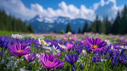 Obraz premium Colorful wildflowers burst into bloom on a sunny spring day in the Swiss Alps, framed by majestic mountain peaks and fluffy clouds. Generative AI