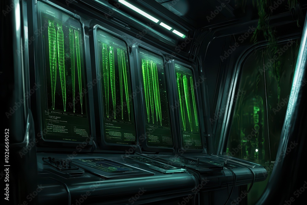 Poster futuristic control panel with glowing screens displaying data in a dark, high-tech environment.