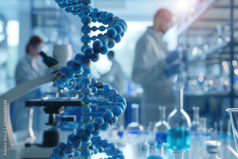 Aufkleber The intricate structure of a DNA strand contrasts against blurred researchers in a bustling laboratory, showcasing advanced scientific exploration. Generative AI
