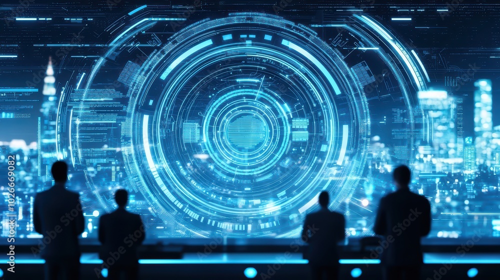 Poster futuristic control room with holographic display and professionals observing advanced data visualiza