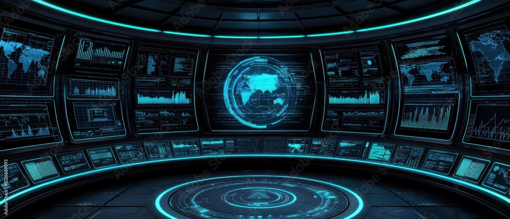 Poster futuristic control room with screens displaying data and a glowing globe on a dark background.