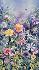 Watercolor background with many flowers