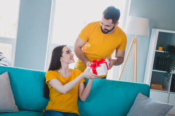Portrait of two young people give giftbox weekend pastime modern interior flat indoors
