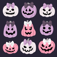 Vector illustration set of cute doodle Jack o Lantern pumpkins with bows for digital stamp,greeting card,sticker,icon,design