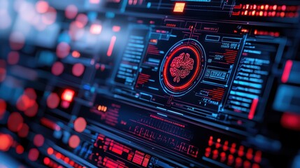 Obraz premium Futuristic digital display with vibrant red and blue elements, showcasing data and information in an advanced interface.