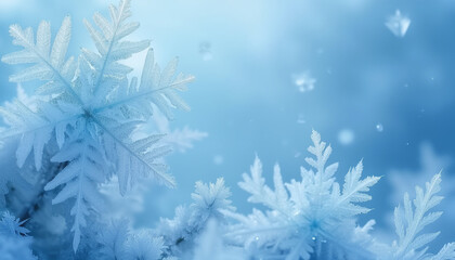 Delicate Frozen snowflakes against the serene blue backdrop with copy space


