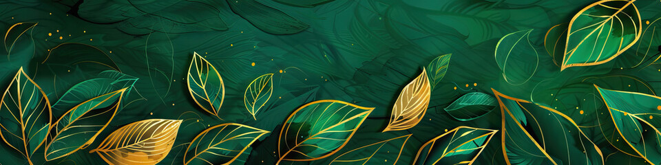 A striking green background complemented by gold leaf-shaped designs, evoking nature and opulence.