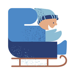 Boy is riding a sled. Festive xmas or winter greeting card. Hand drawn vector illustration.