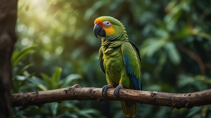 Obraz premium A green and blue parrot with an orange head perches on a branch in a lush green forest.
