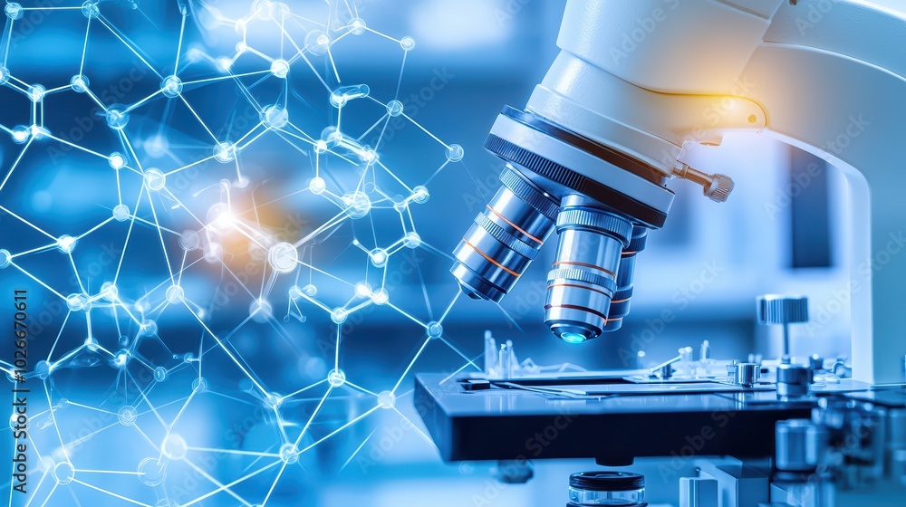 Poster microscope examining samples, showcasing detailed structure and modern technology in a lab environme