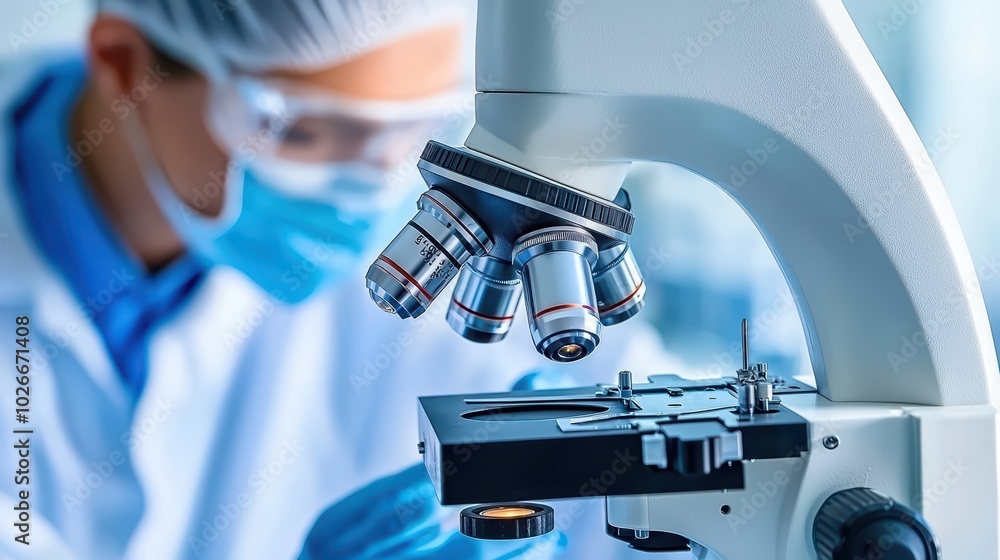 Poster scientist examines a sample under a high-powered microscope in a lab setting with advanced equipment