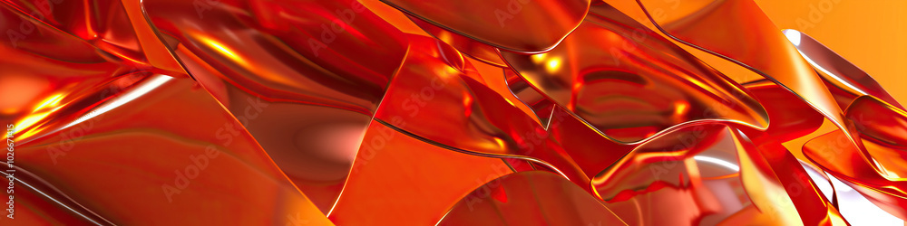 Poster an orange-hued gradient as a backdrop for shiny red metal shapes, forming abstract patterns.