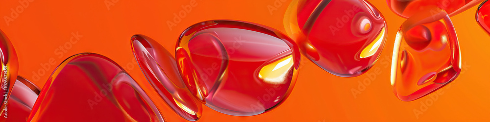 Poster an orange-hued gradient as a backdrop for shiny red metal shapes, forming abstract patterns.